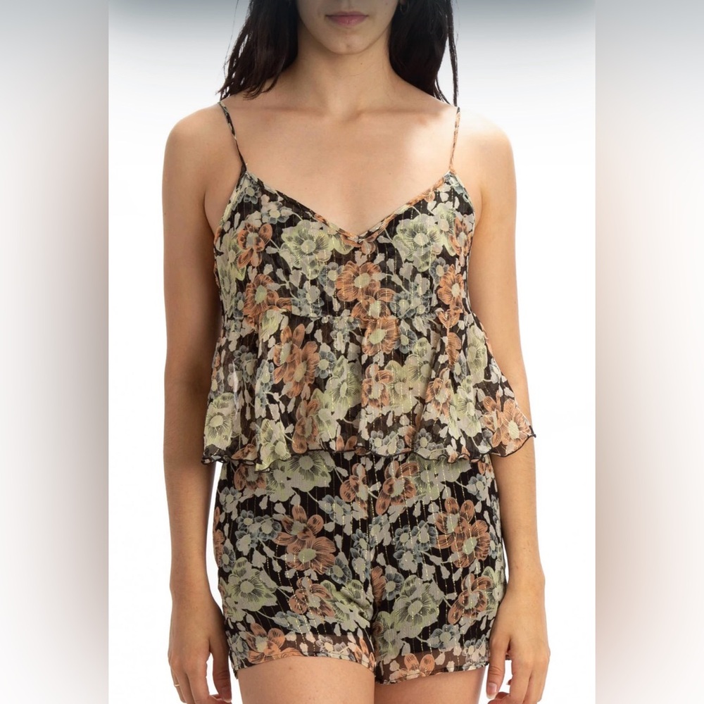The Kooples Floral Silk Romper in Black and Cream NWT size 0